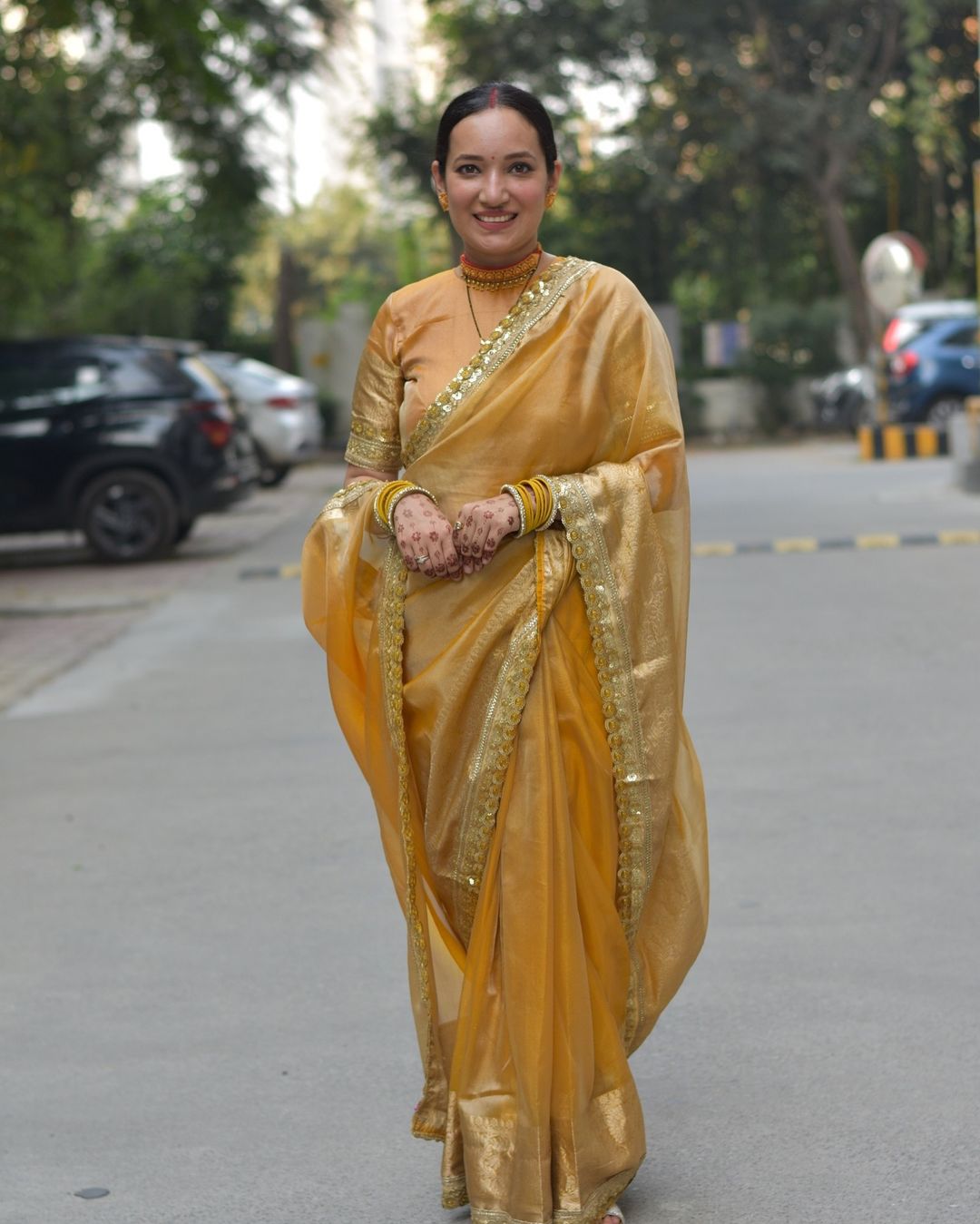 Macaroon Gold Designer Tissue Silk Saree with Hand Zardozi Work