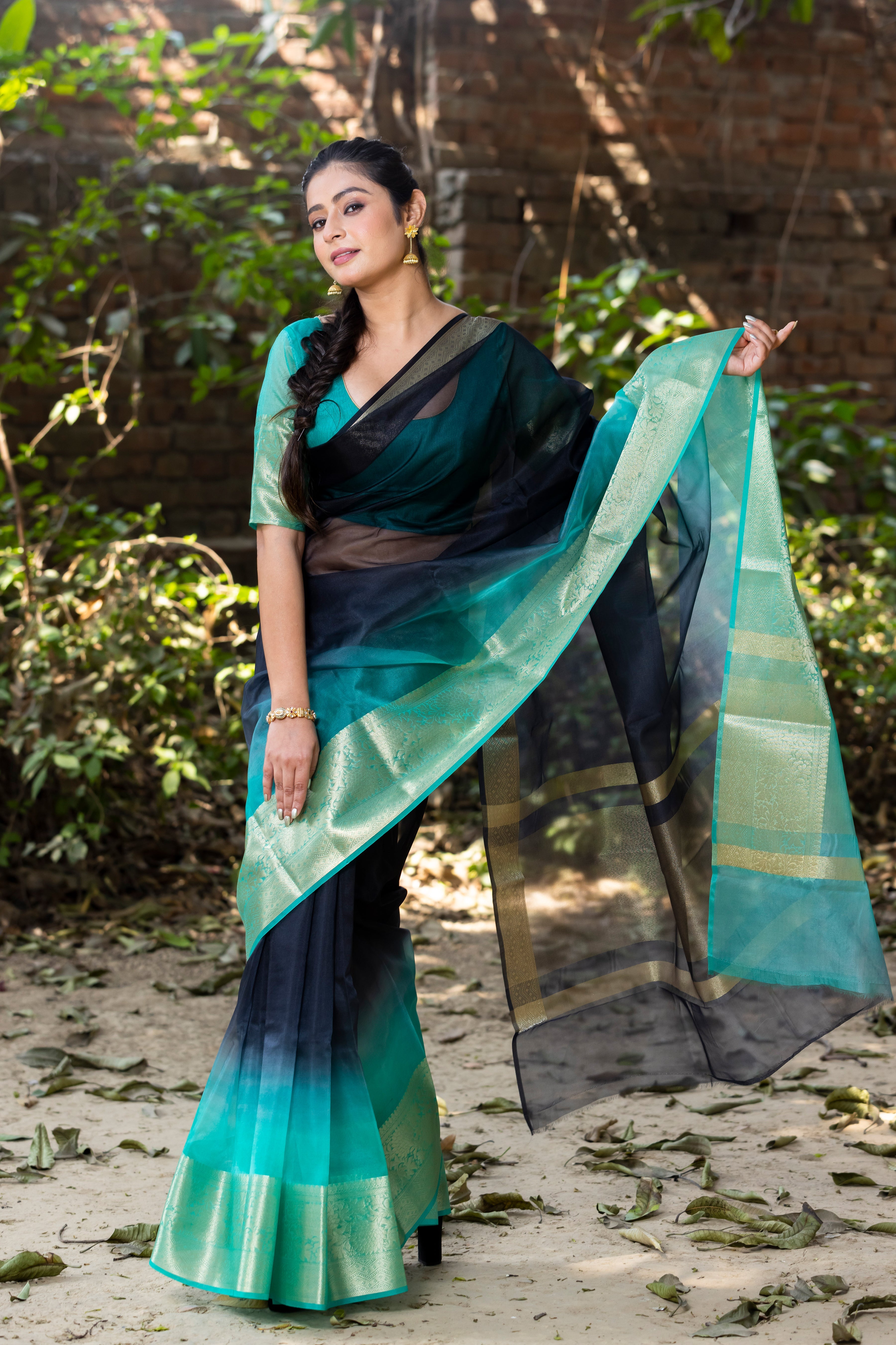 Sea Green Black Banarasi Woven Soft Organza Skirt Border Saree