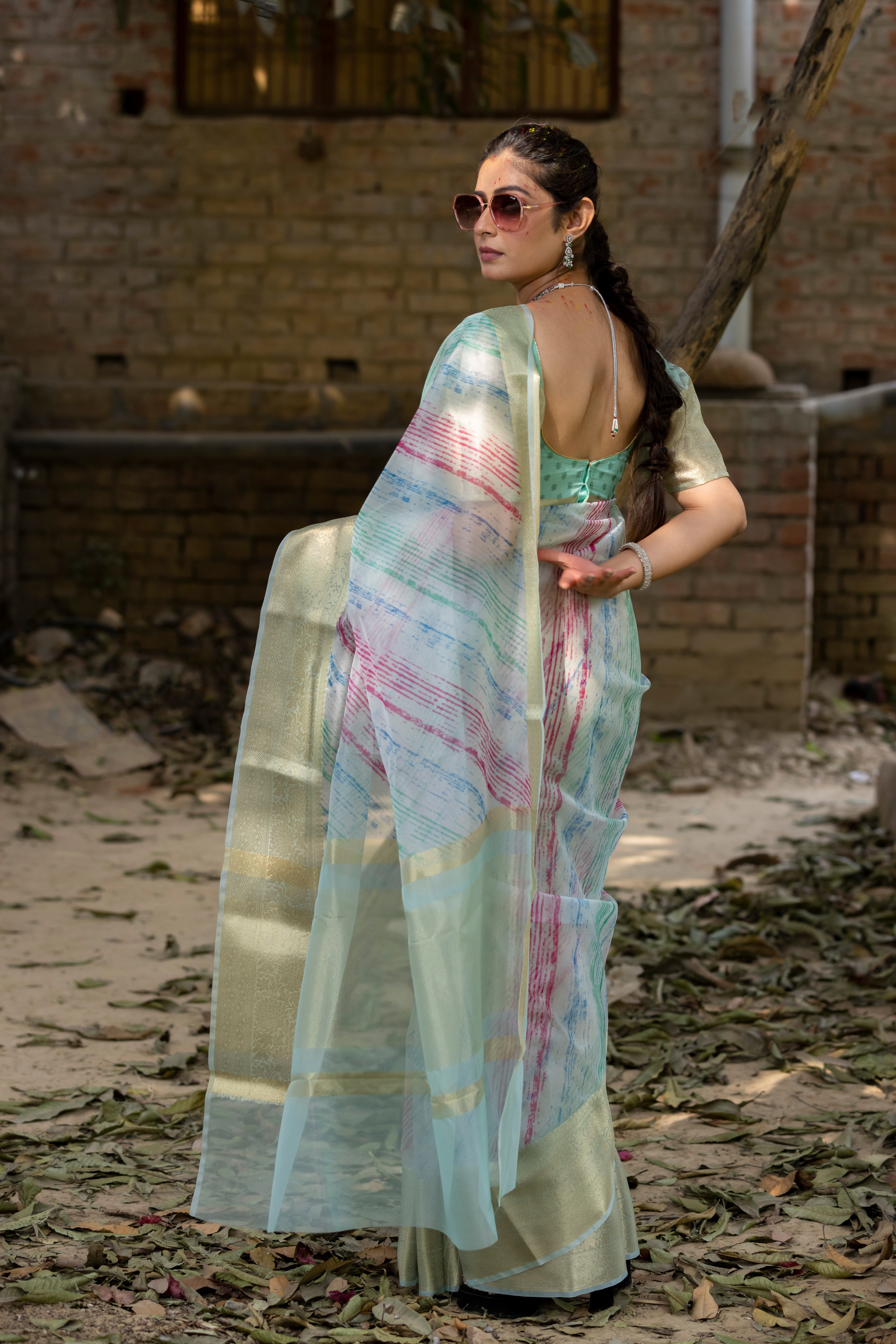Off Blue Vibrant Organza Silk Saree with Mesmerizing Digital Print and Zari Border