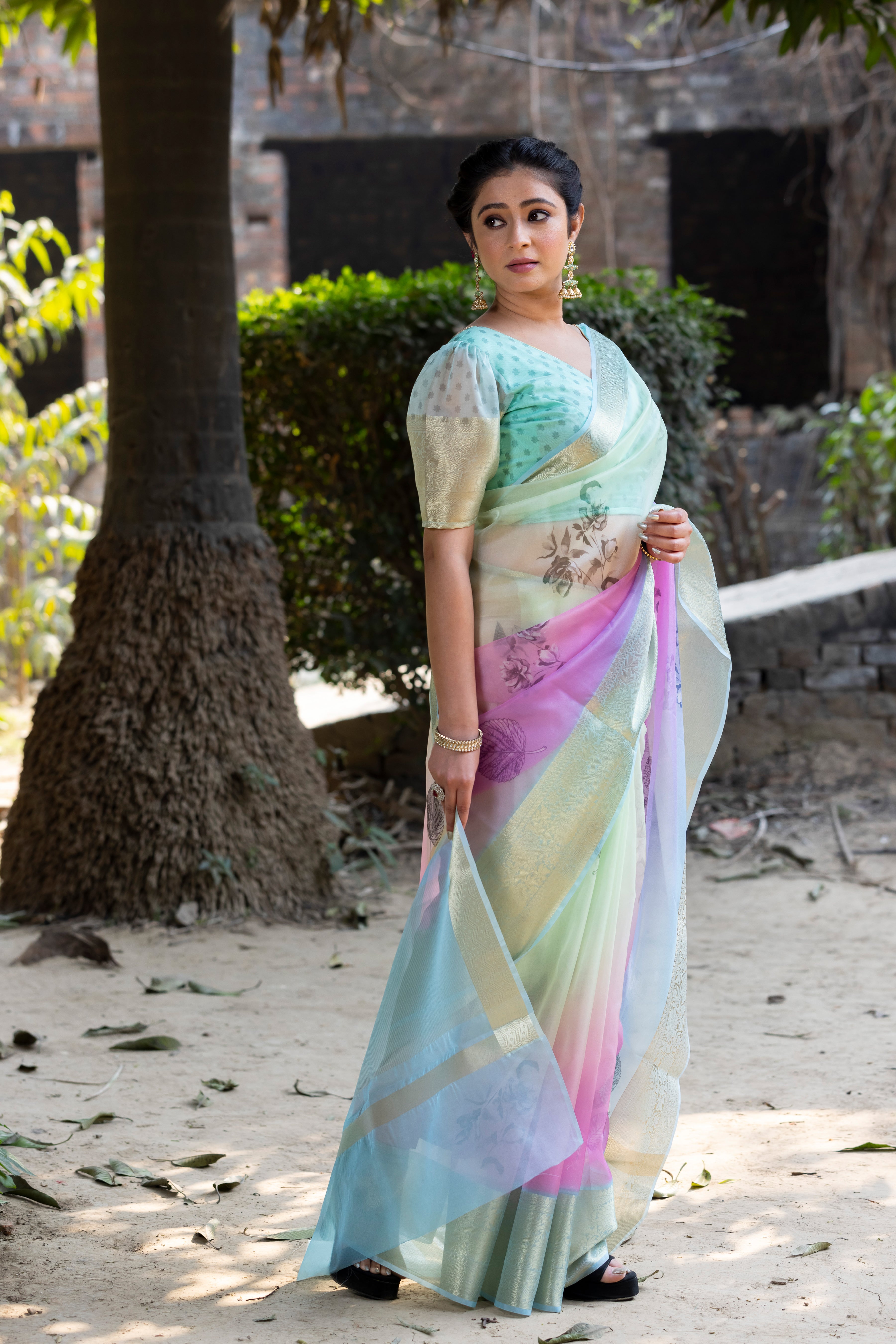 Prismatic Organza Silk Saree with Banarasi Zari Border | New Leaf Pattern