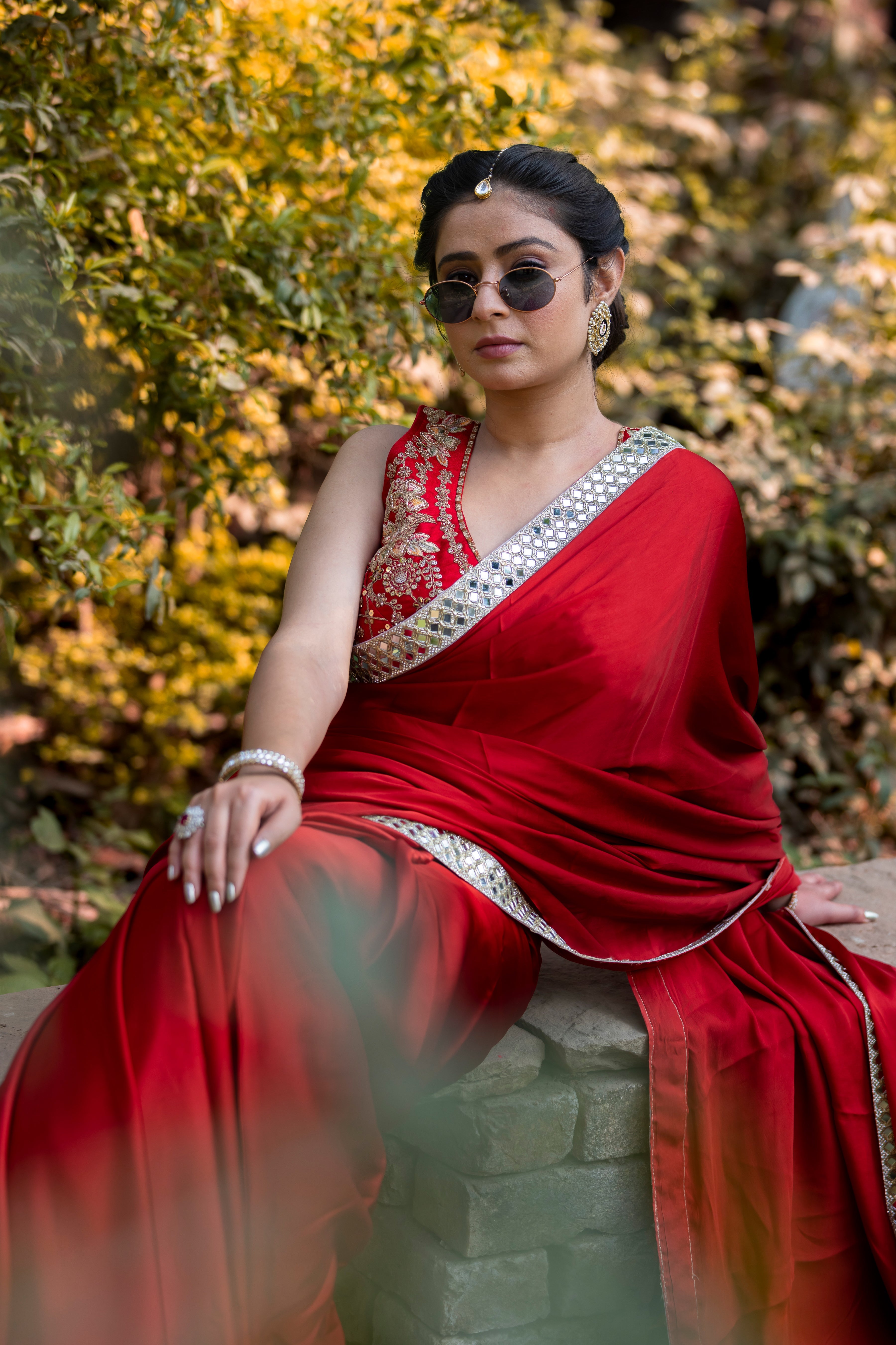 Bold Red Designer Mashru Satin Silk Mirror Work Saree with Blouse Free Size