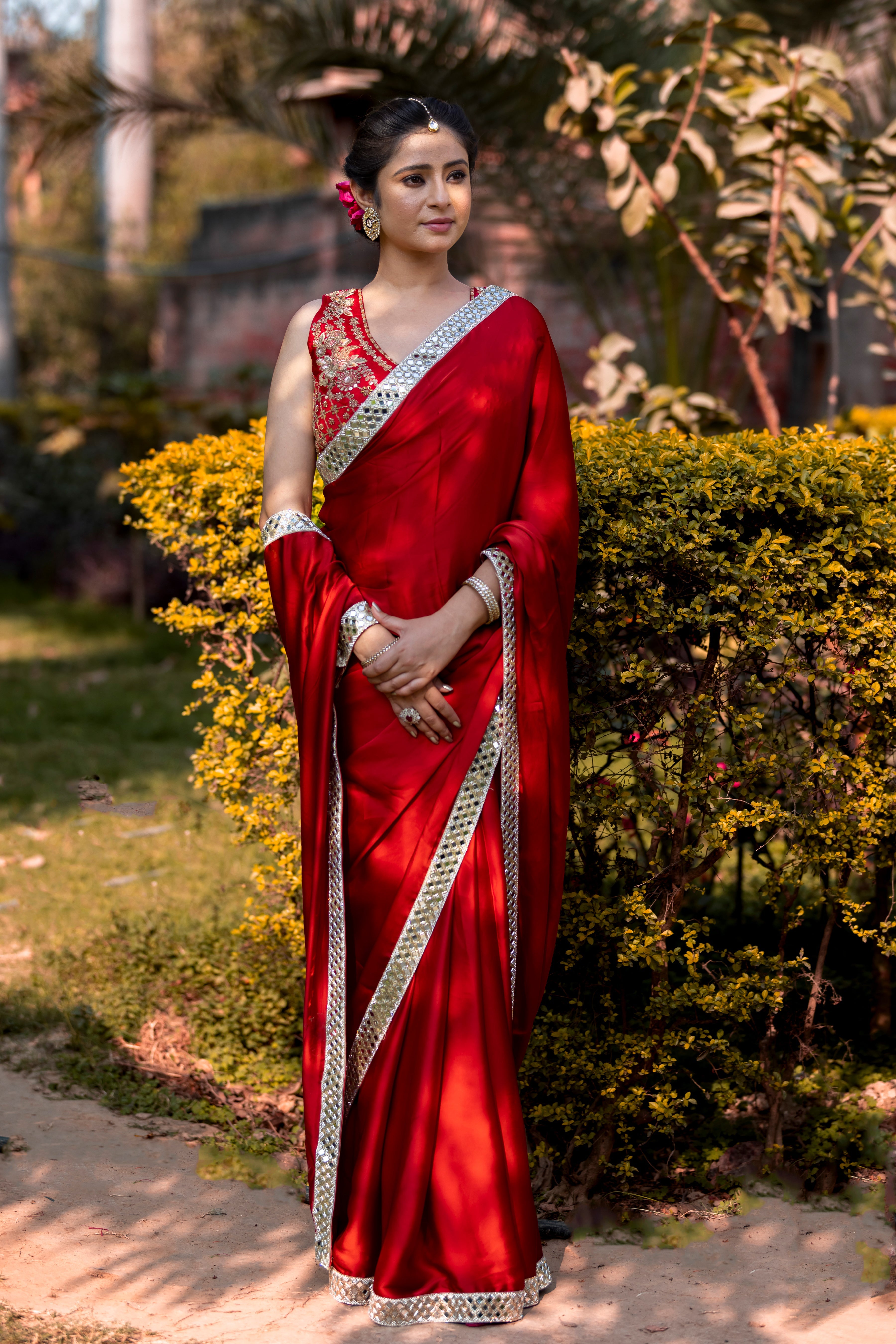 Bold Red Designer Mashru Satin Silk Mirror Work Saree with Blouse Free Size