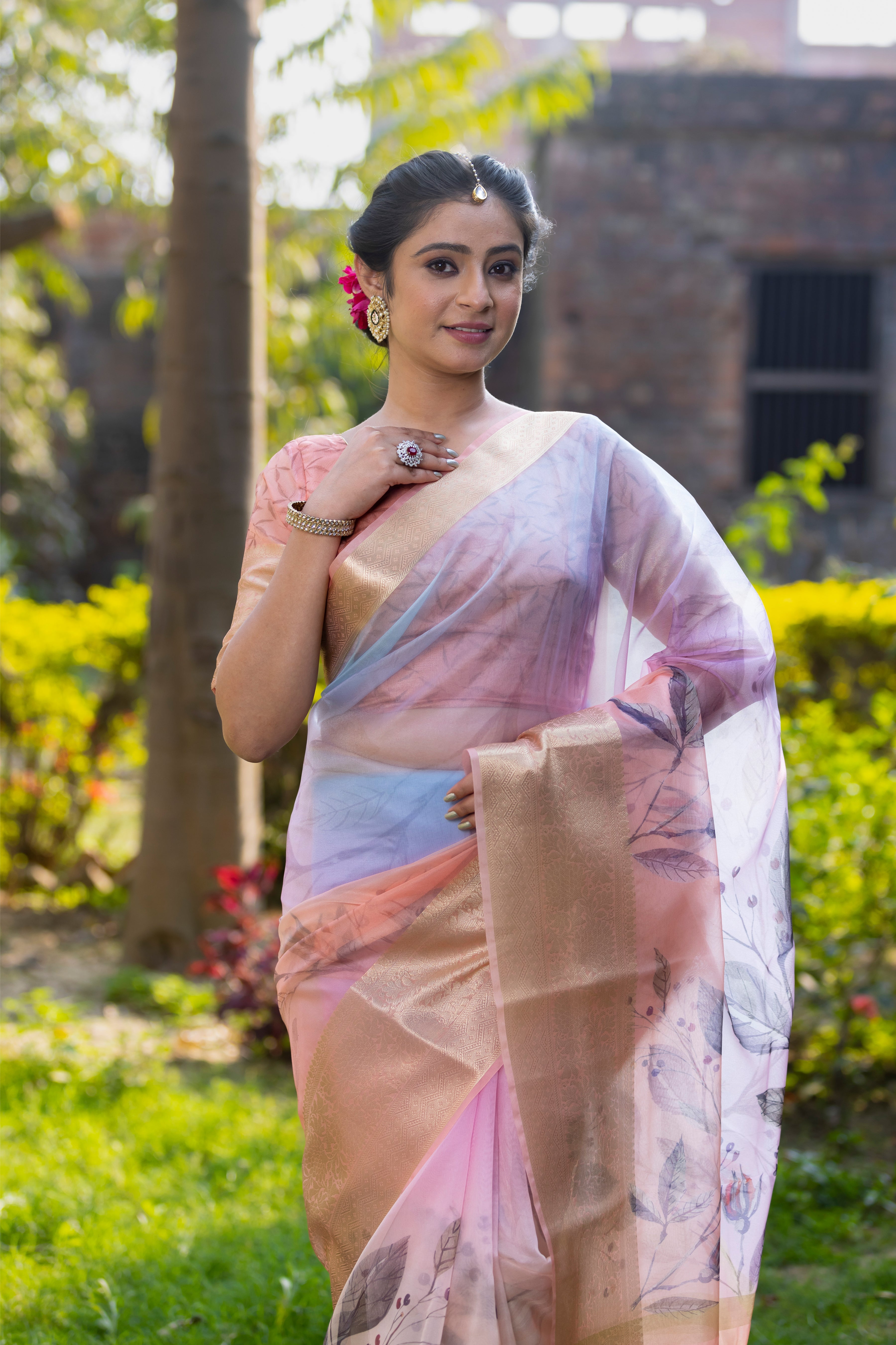 Pastel Peach Organza Silk Saree with Banarasi Zari Border | Full Body Leaf