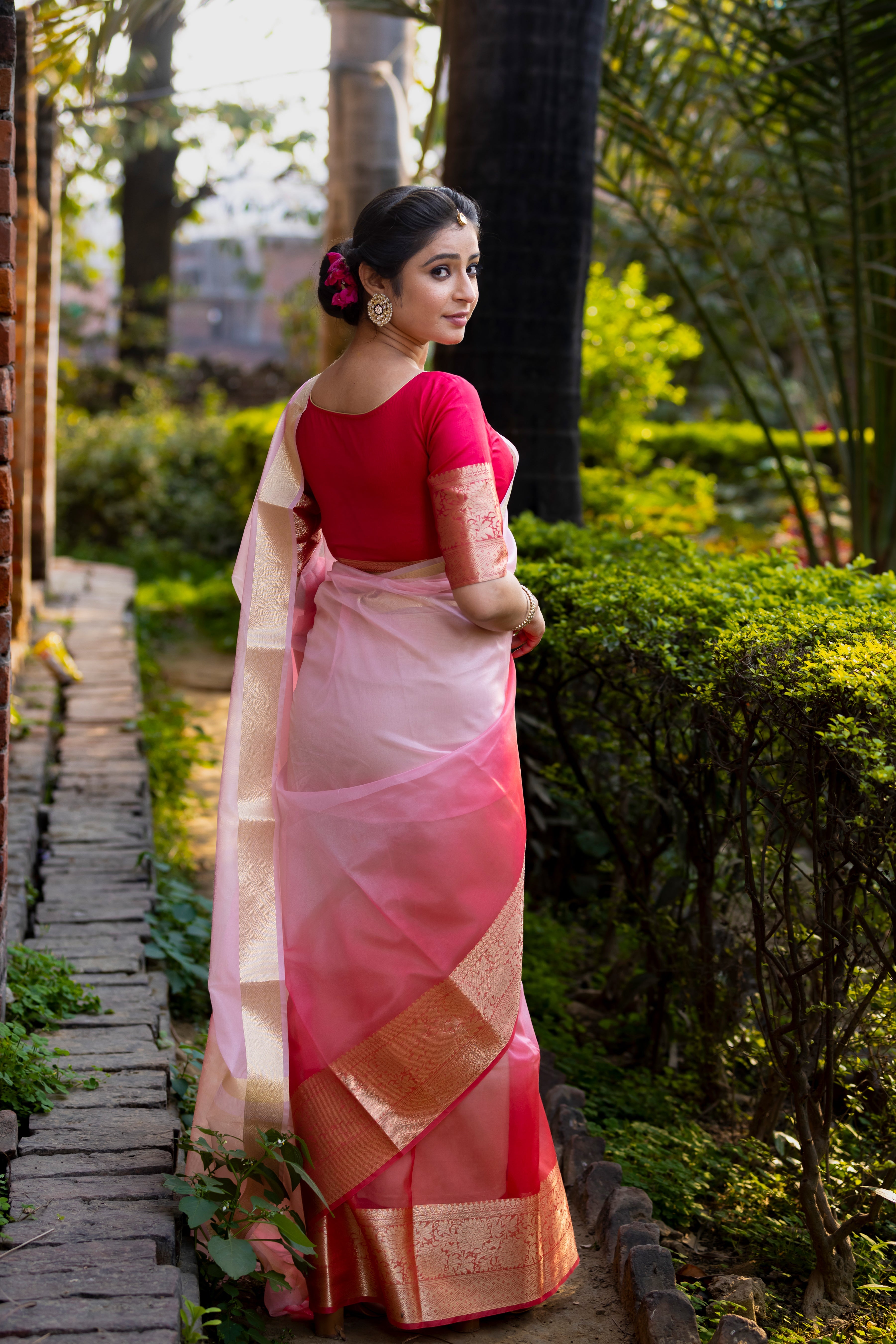 Rani Blush Pink Banarasi Woven Soft Organza Skirt Border Saree