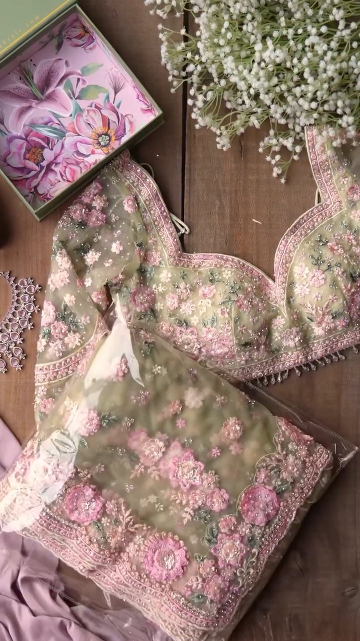 Pastel Green Floral Embroidered Organza Saree with Readymade Blouse