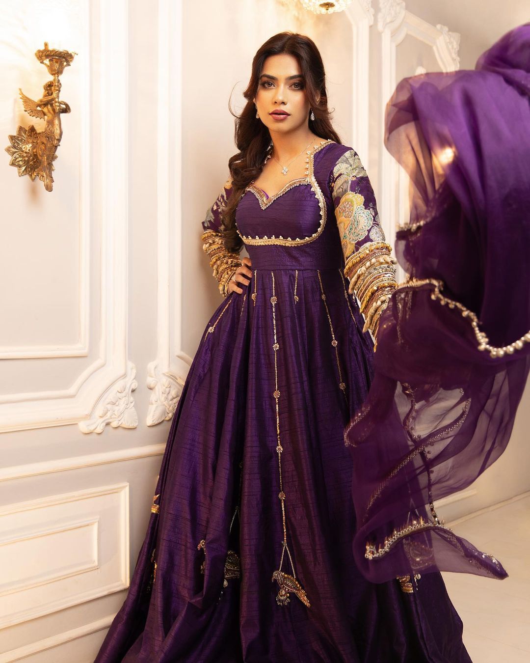 Purple Parrot Embroidered Anarkali Gown with Dupatta