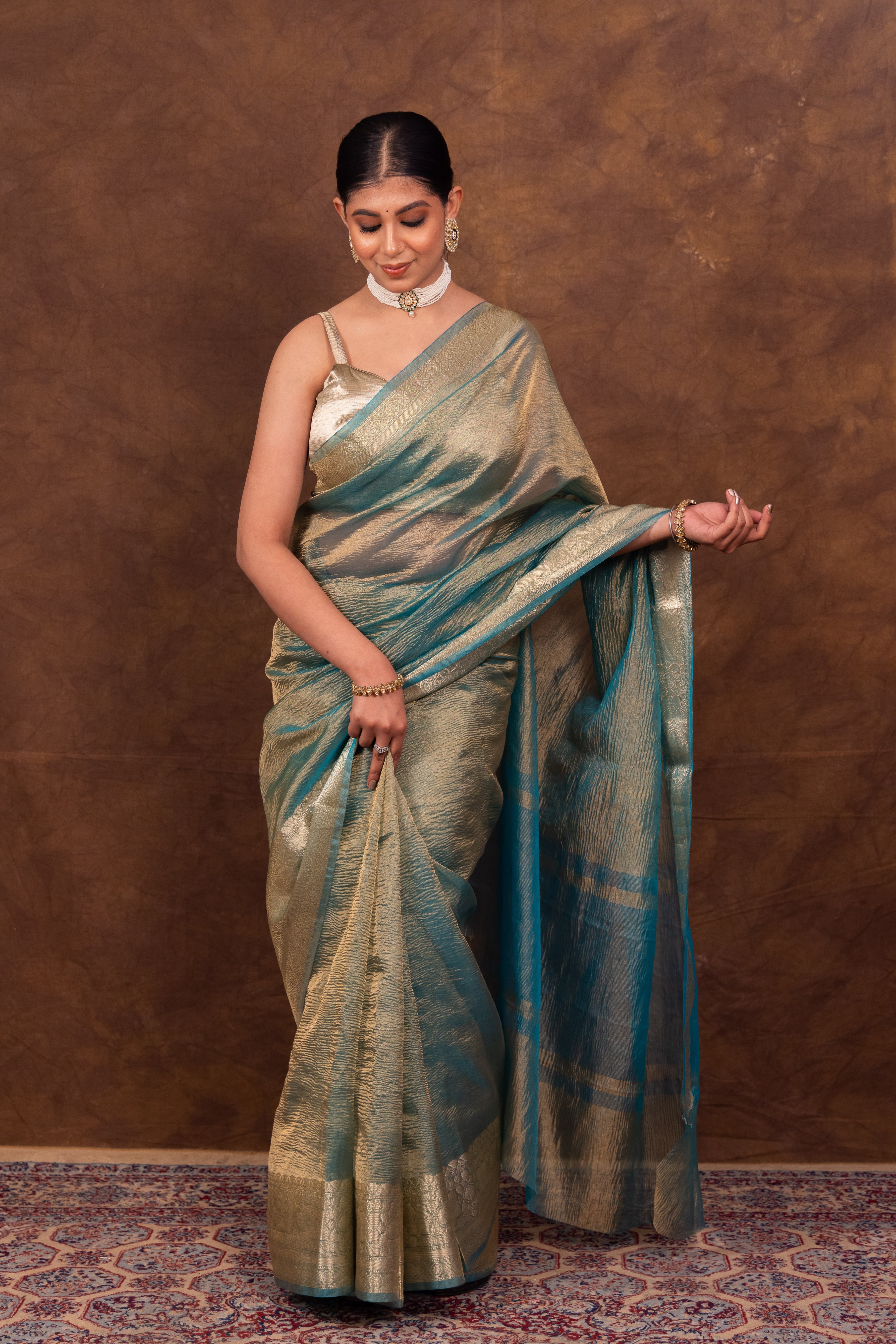 Firozi Blue Crushed Tissue Silk Saree | Banarasi Woven Saree