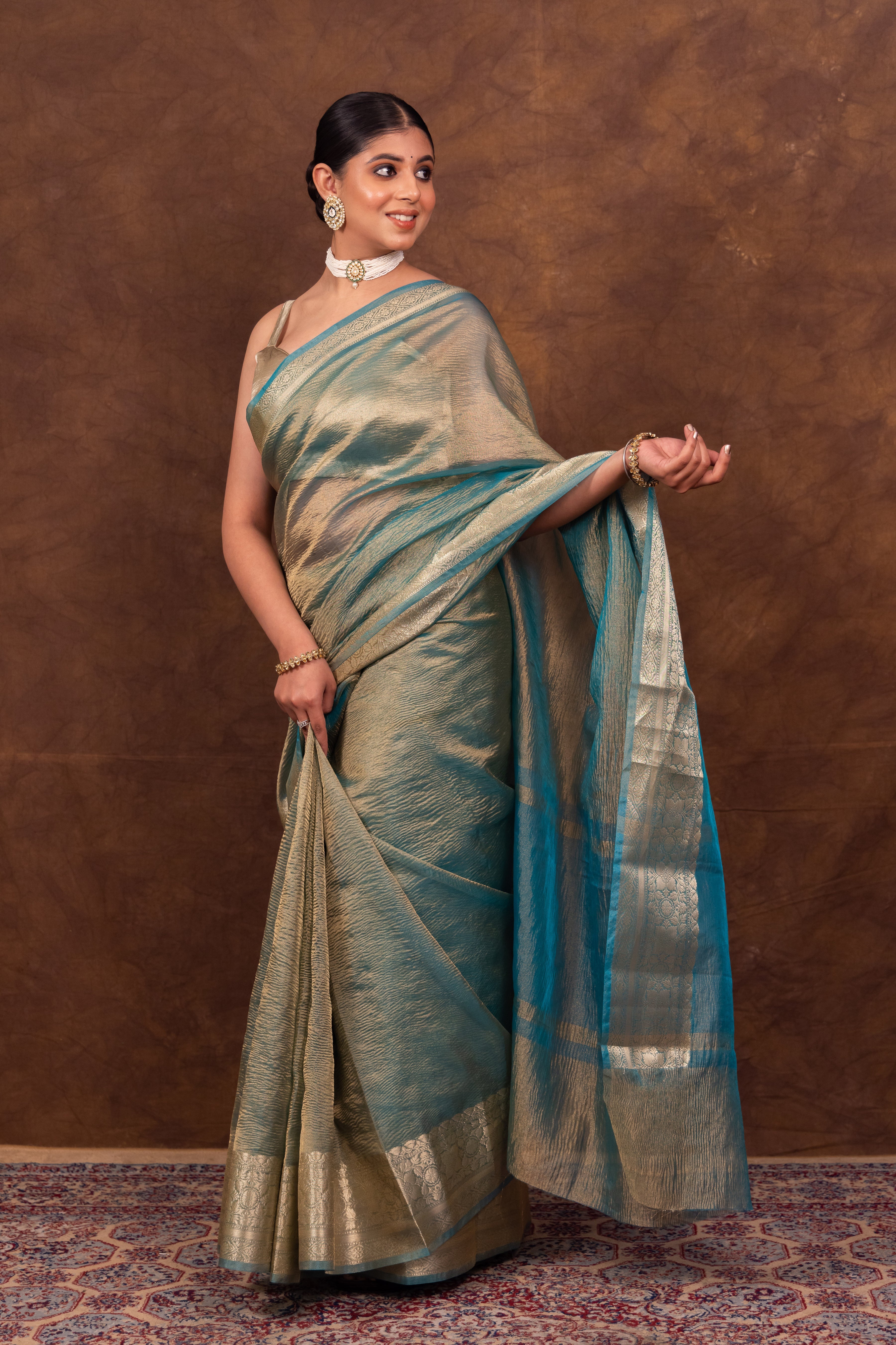 Firozi Blue Crushed Tissue Silk Saree | Banarasi Woven Saree