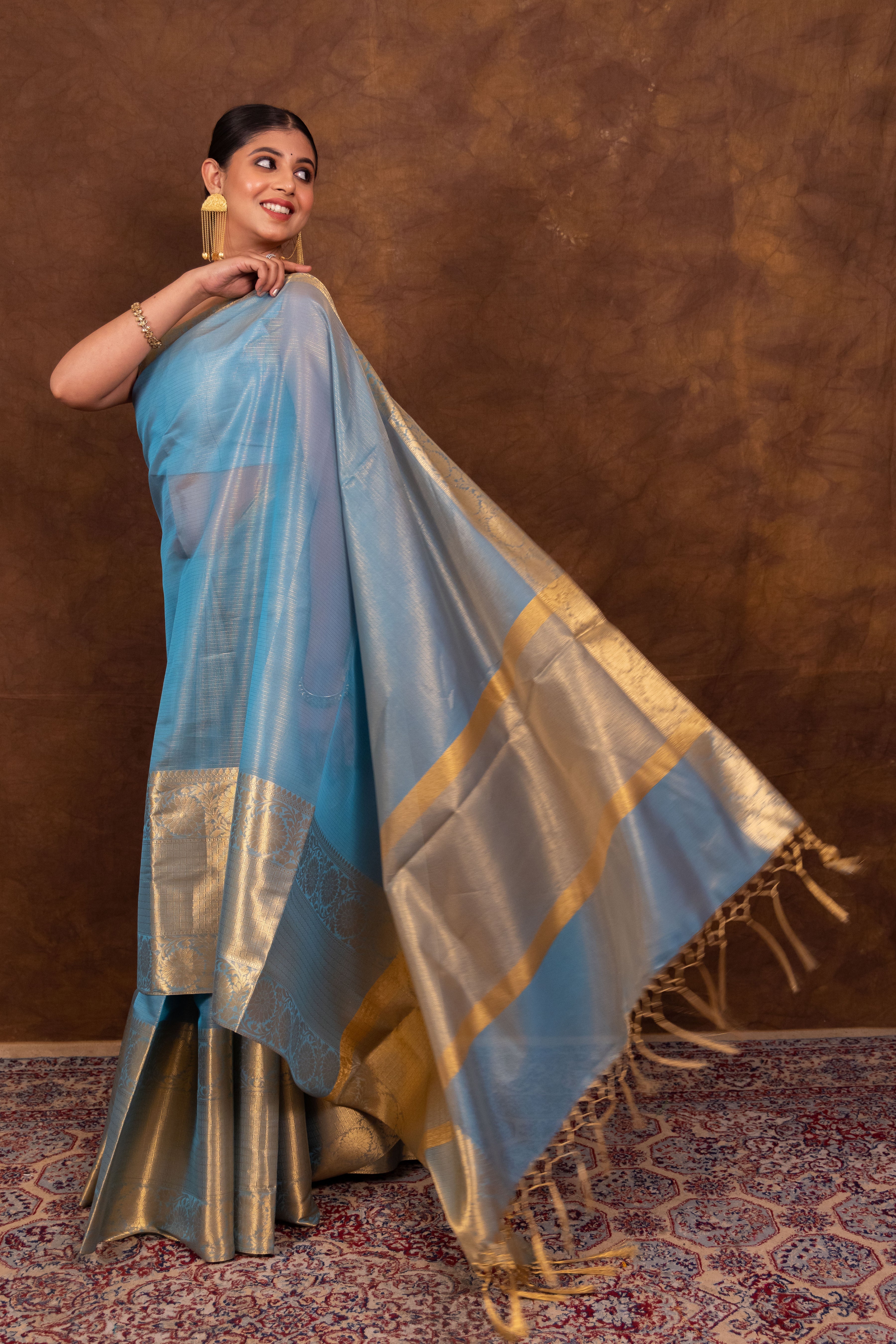 Firozi Blue Styish Banarasi Soft Tissue Silk Saree | Easy To Drape & Pleat
