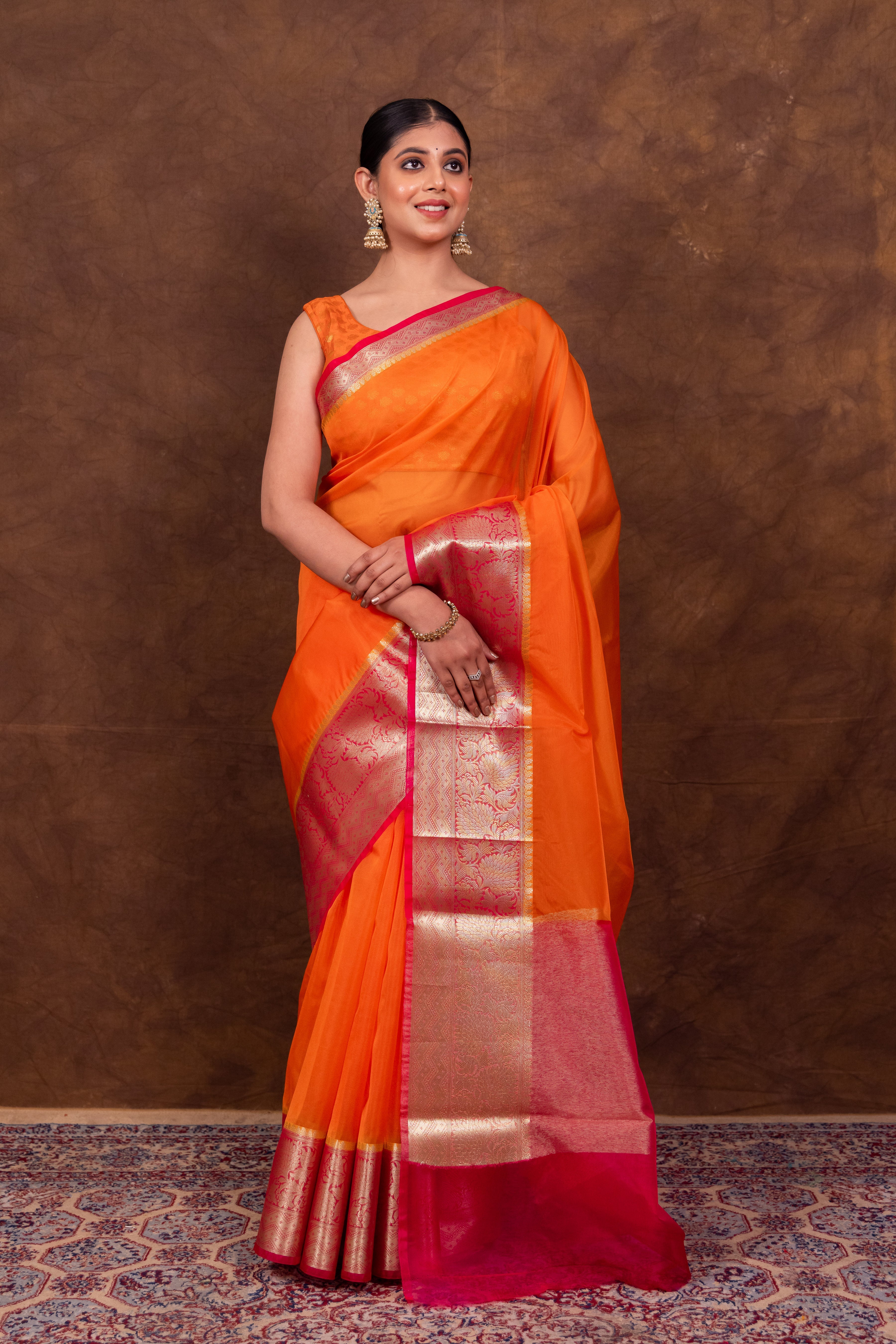 Orange & Rani Banarasi Skirt Border Soft Organza Saree | Body Hugging Classic Saree For All Occasions