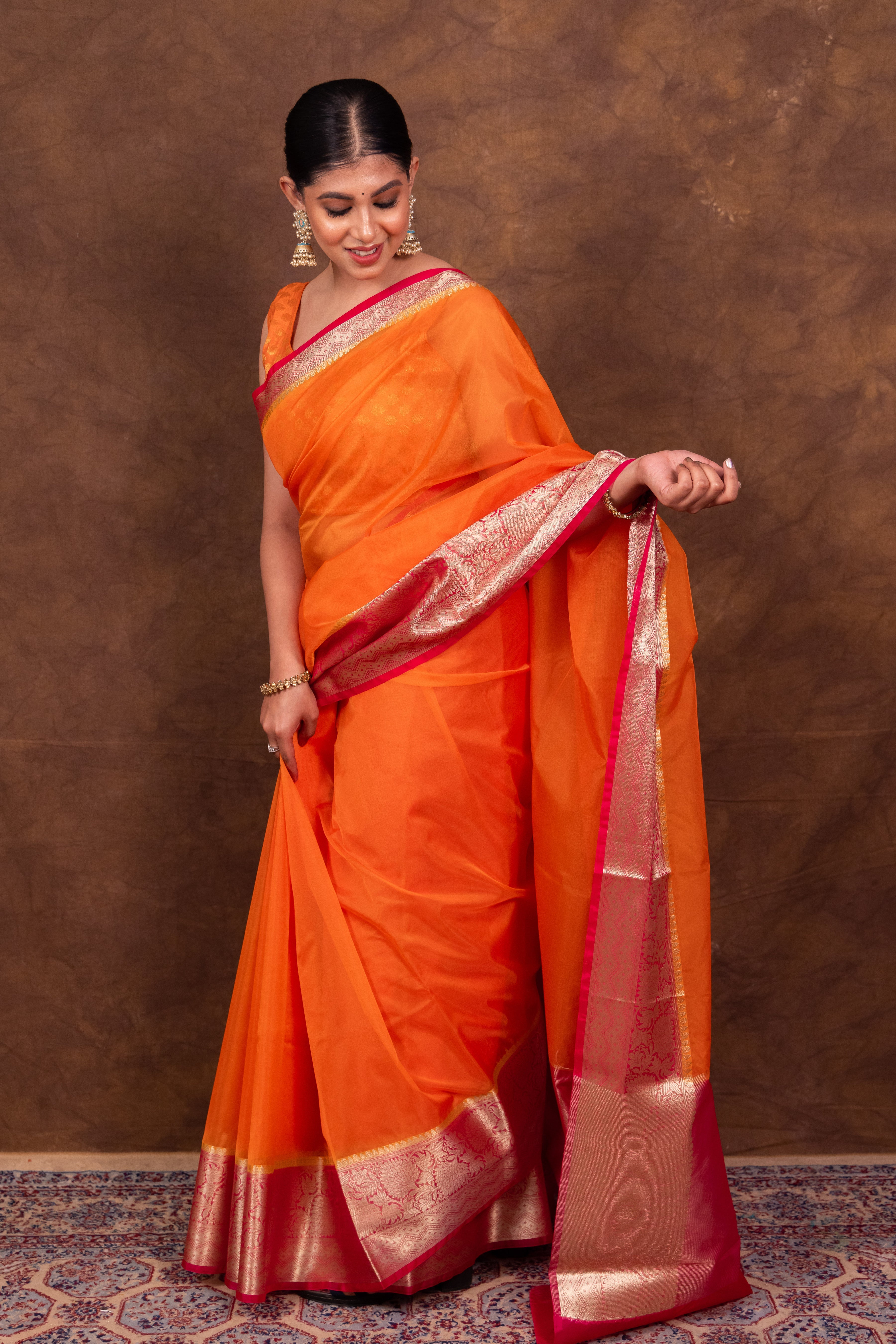 Orange & Rani Banarasi Skirt Border Soft Organza Saree | Body Hugging Classic Saree For All Occasions