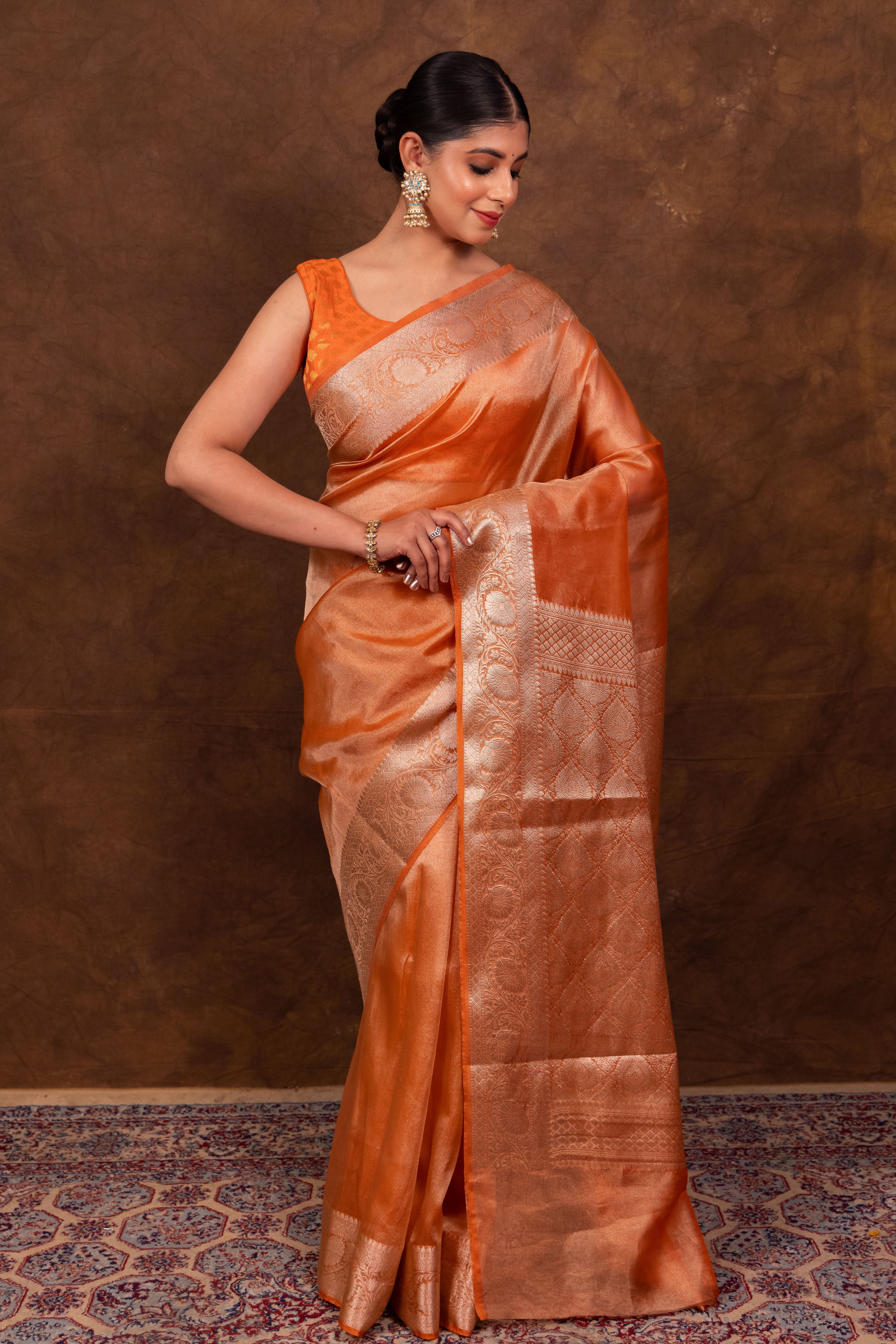 Rust Orange Banarasi Authentic Soft Tissue Silk Saree with Rich Pallu Woven Design