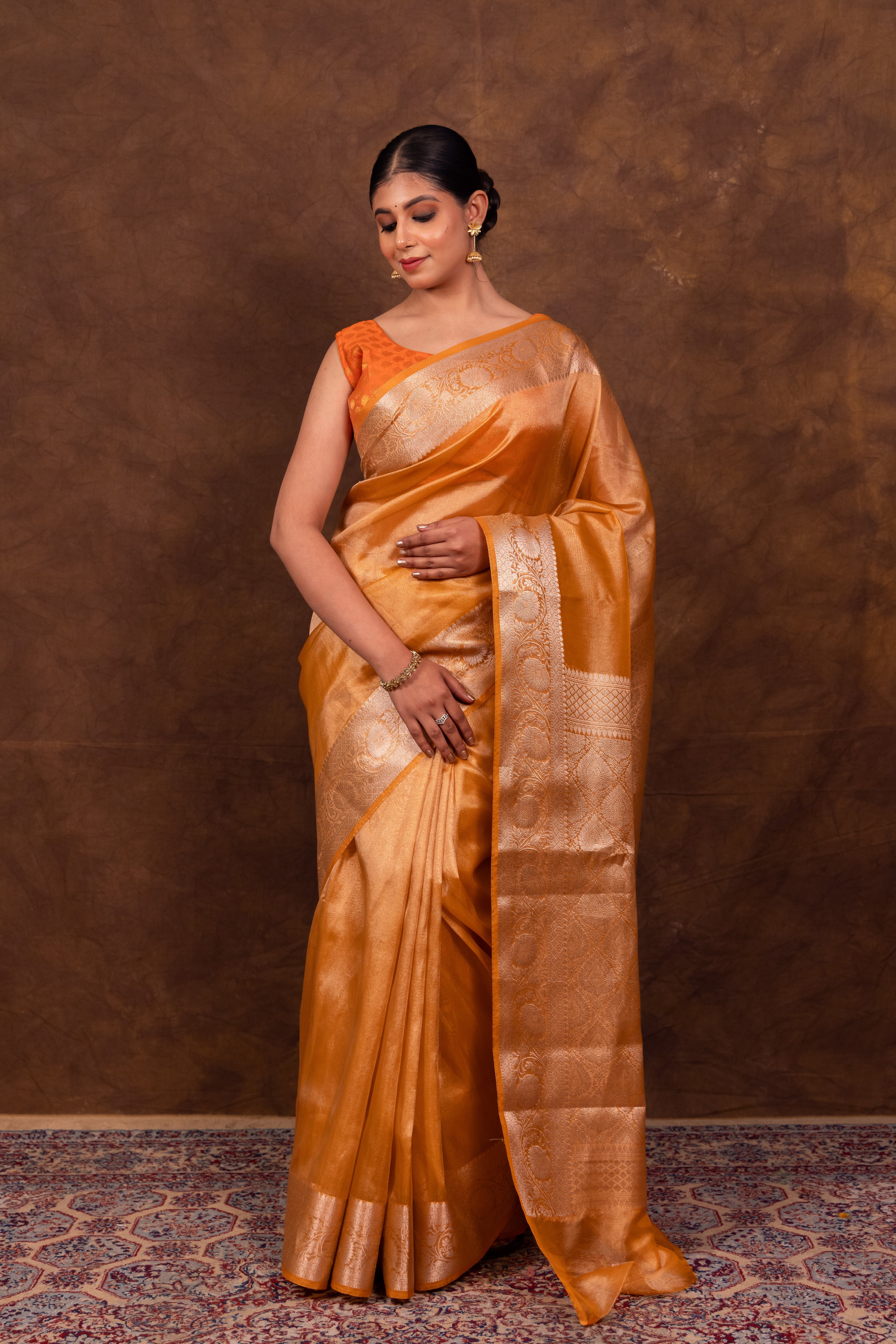 Gold Ochre Banarasi Authentic Soft Tissue Silk Saree with Rich Pallu Woven Design