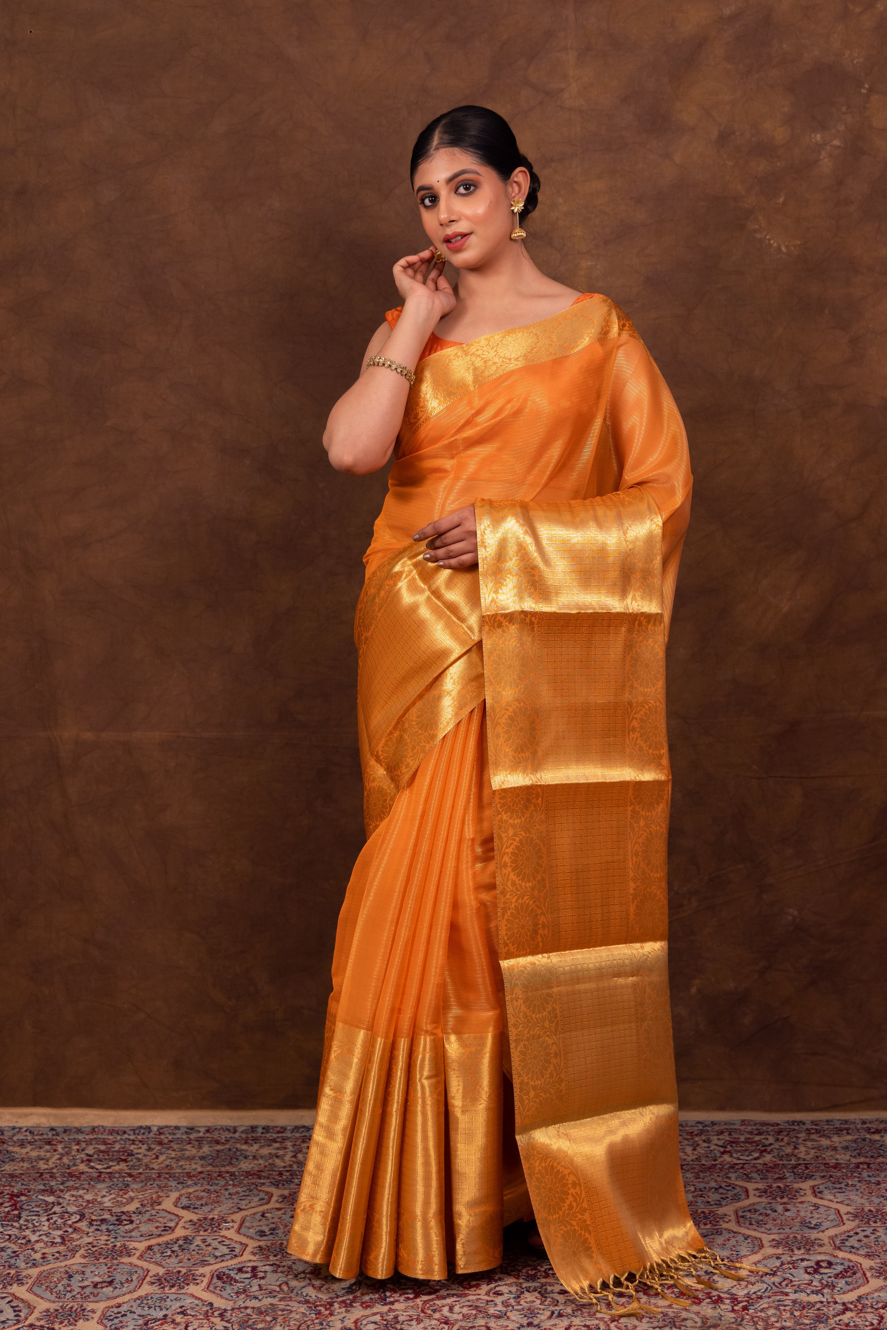 Coral Orange Banarasi Woven Soft Tissue Silk Saree From Hanfi Handicraft