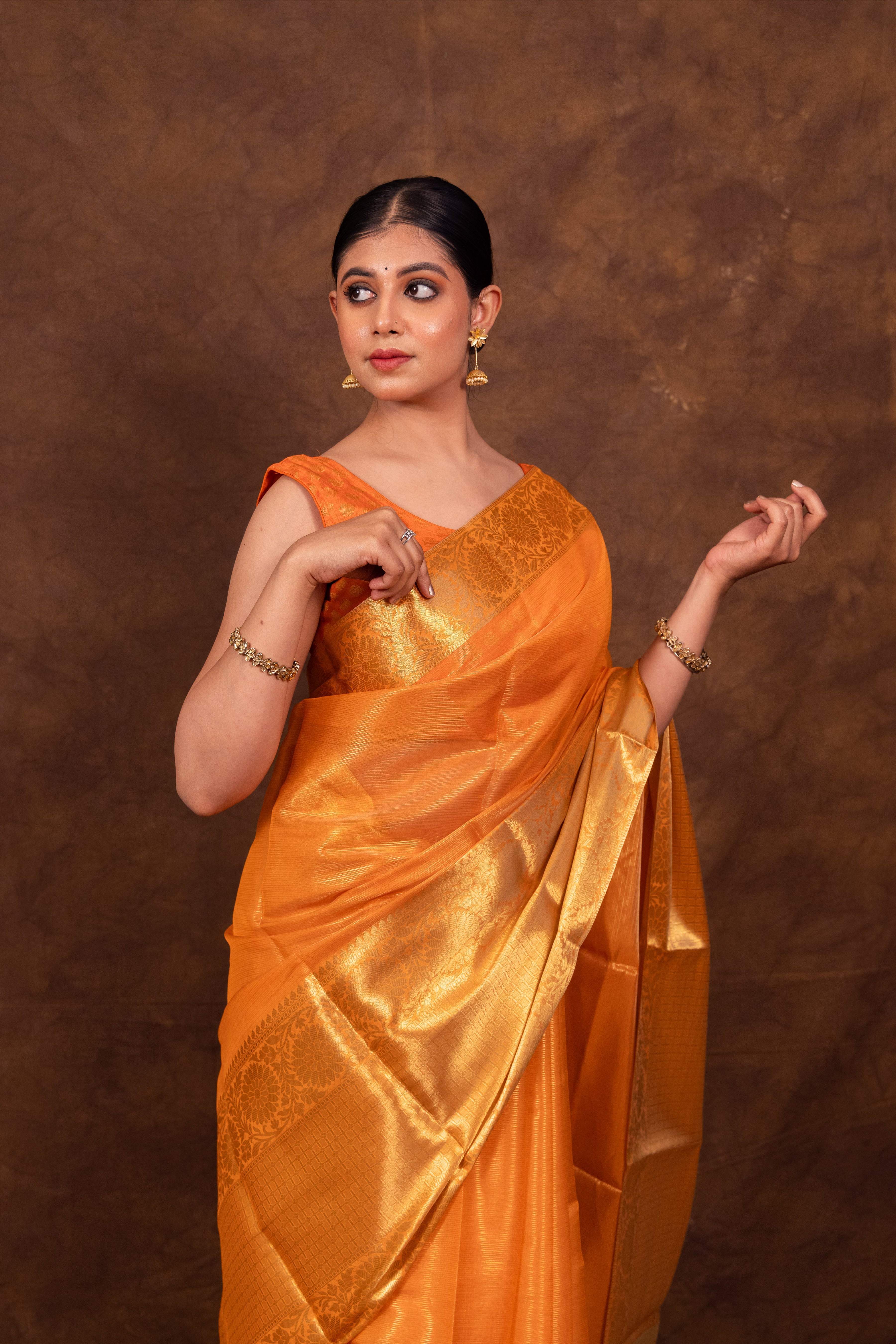Coral Orange Banarasi Woven Soft Tissue Silk Saree From Hanfi Handicraft