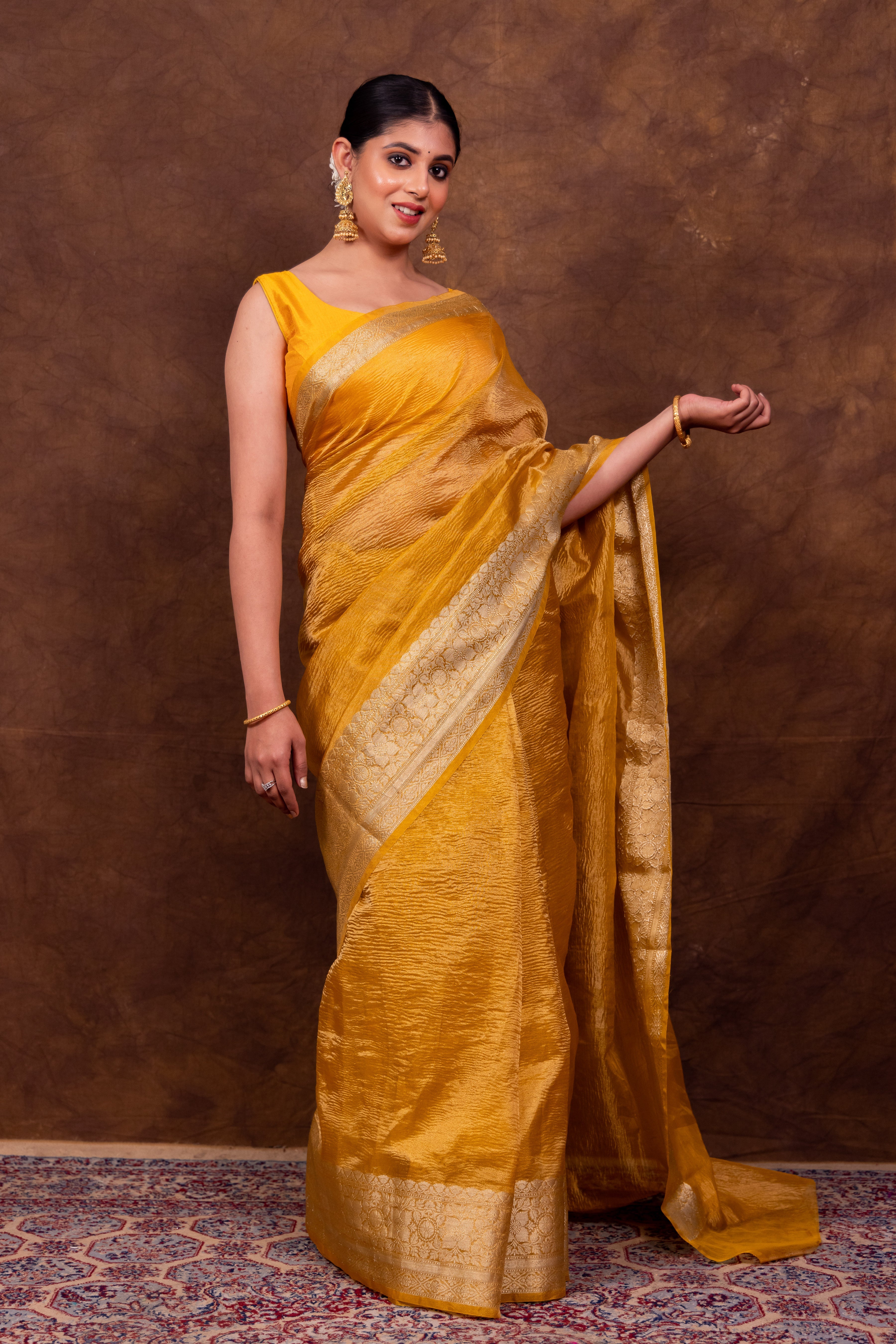 Subtle Gold Crushed Tissue Silk Saree | Banarasi Woven Saree