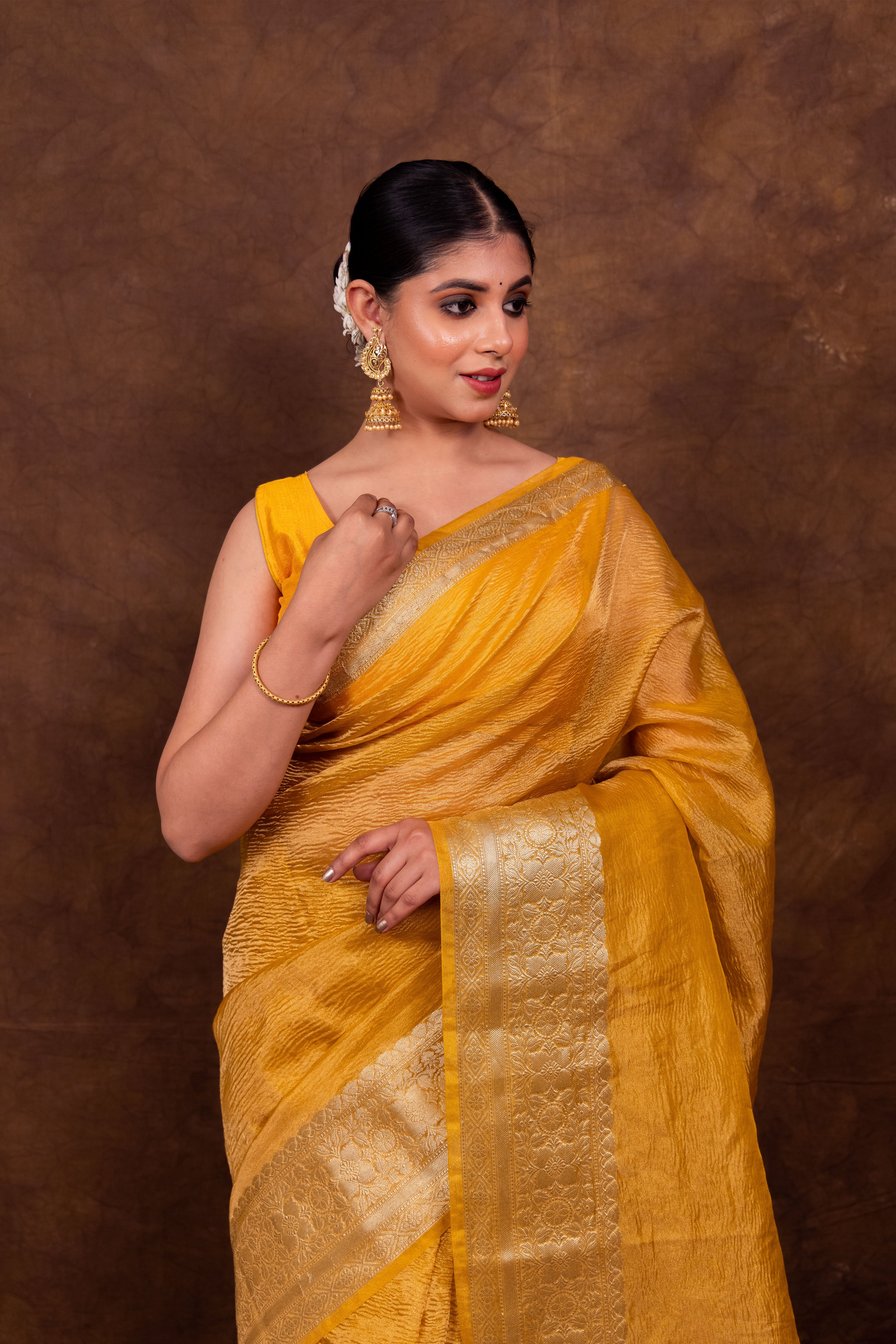 Subtle Gold Crushed Tissue Silk Saree | Banarasi Woven Saree