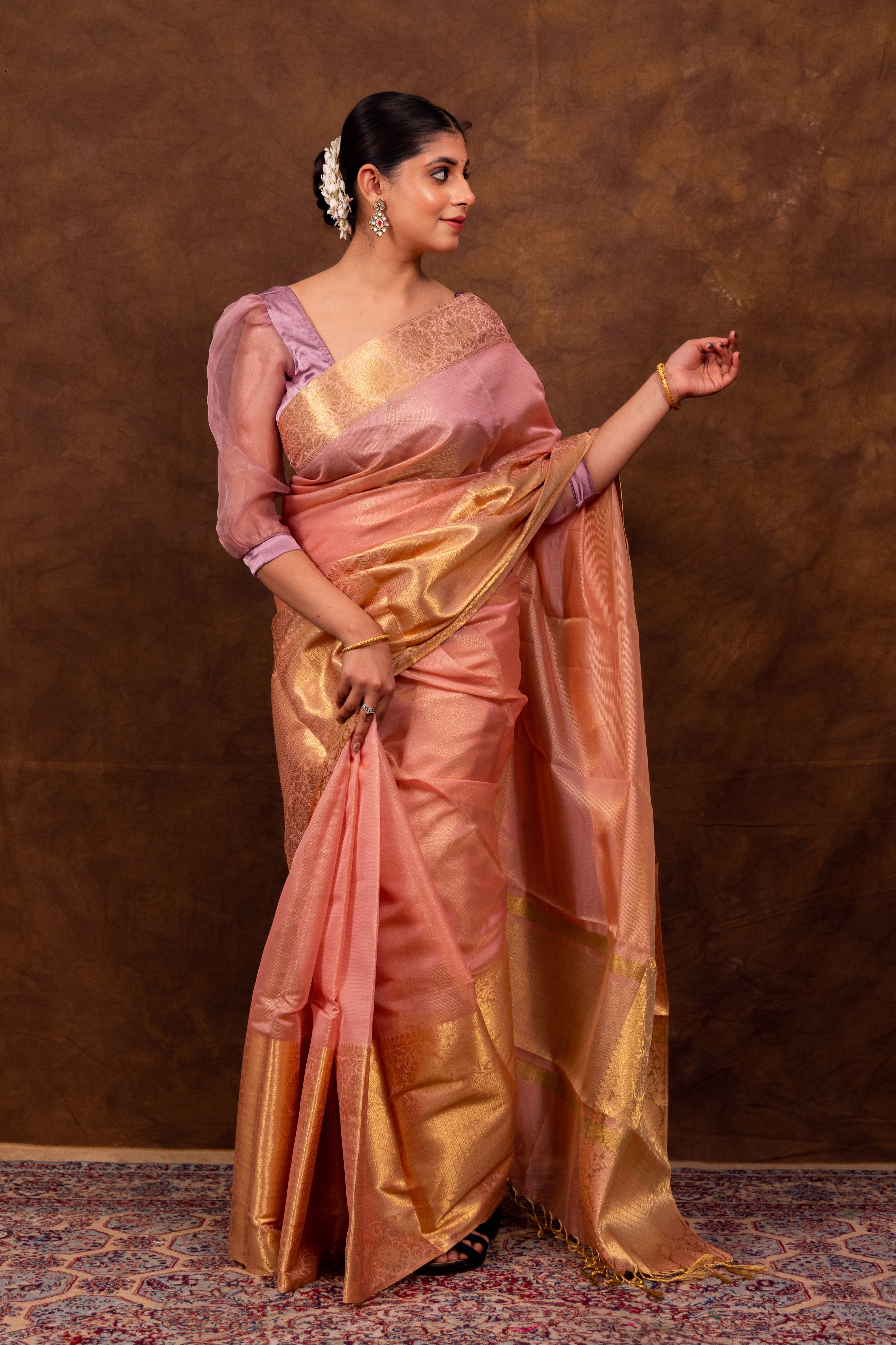Coral Pink Banarasi Soft Tissue Silk Saree | Easy To Drape & Pleat