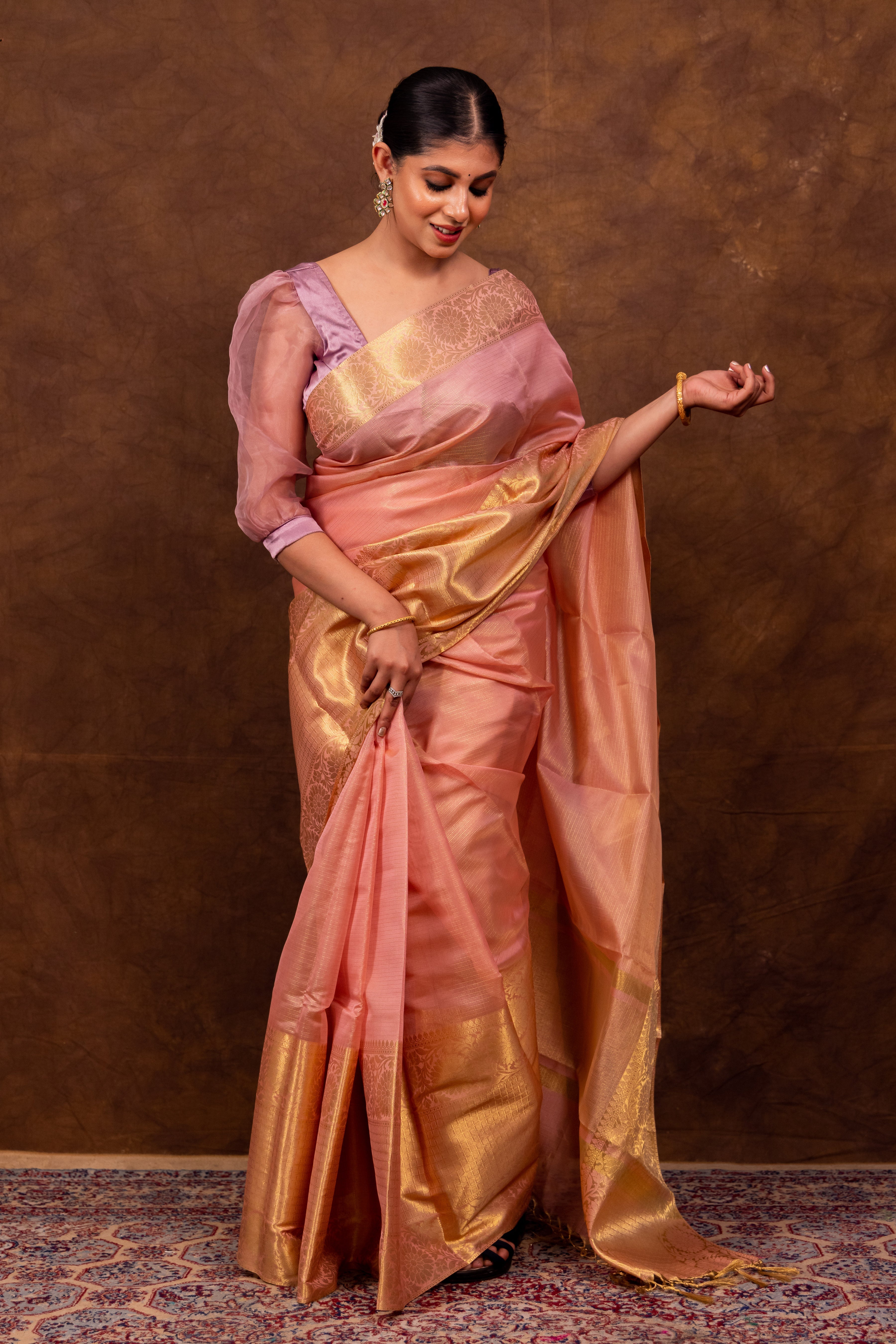 Coral Pink Banarasi Soft Tissue Silk Saree | Easy To Drape & Pleat