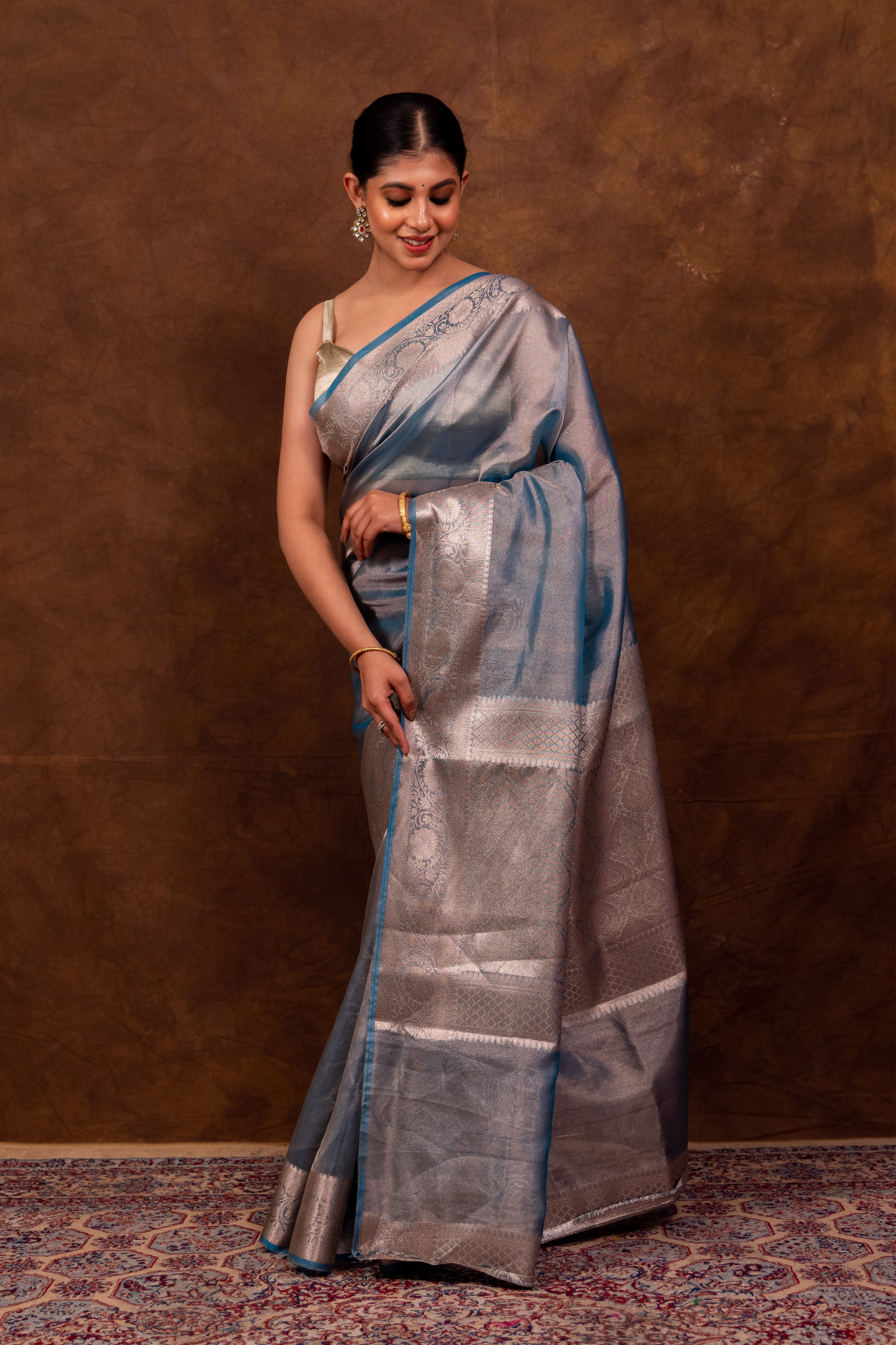 Firozi Blue Banarasi Authentic Soft Tissue Silk Saree with Rich Pallu Woven Design