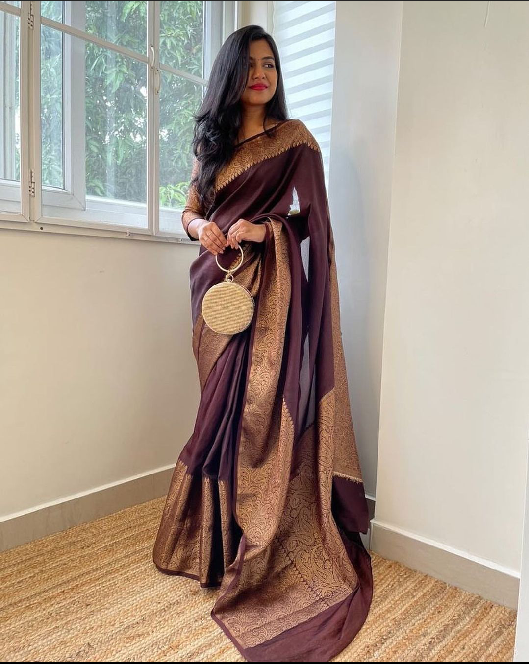 Coffee Brown Banarasi Woven Soft Saree with Antique Zari Border & Pallu