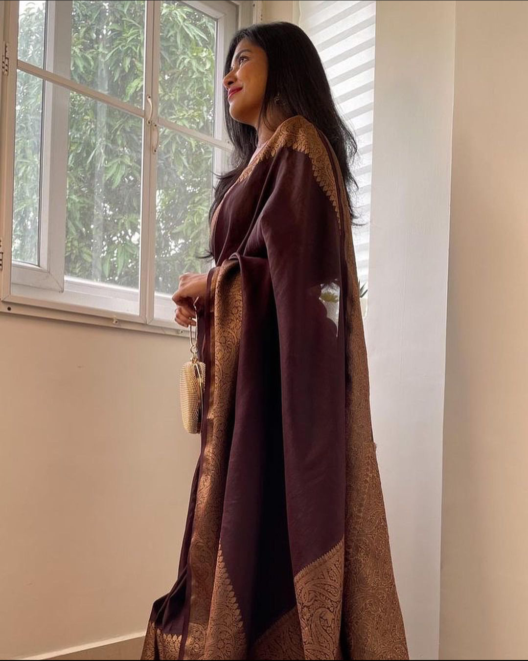 Coffee Brown Banarasi Woven Soft Saree with Antique Zari Border & Pallu