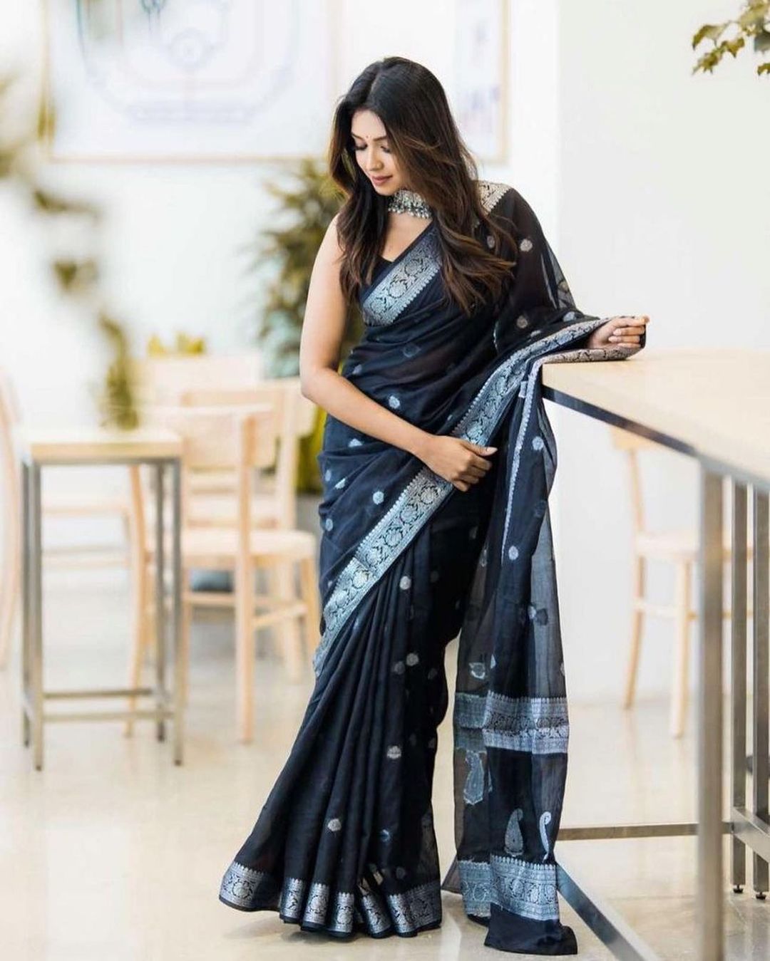 Jade Black Banarasi Semi Georgette Soft Saree with Silver Zari