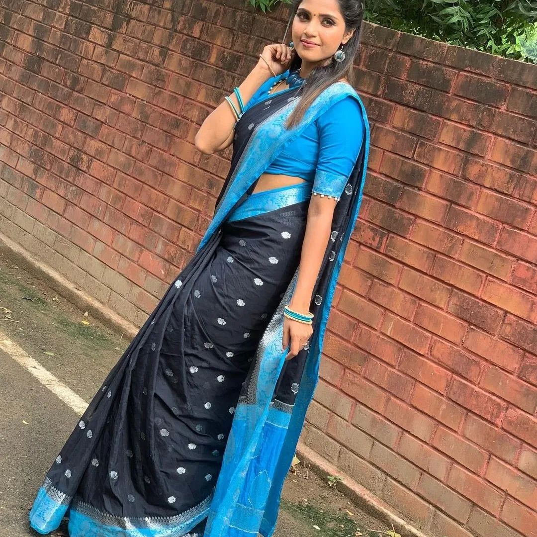 Black Blue Banarasi Semi Georgette Soft Saree with Contrast Border Silver Zari