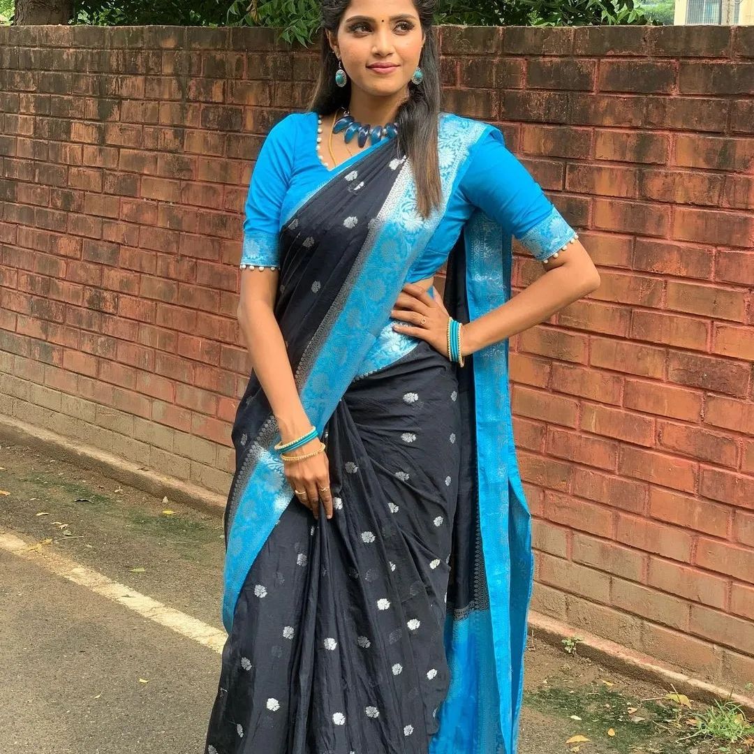 Black Blue Banarasi Semi Georgette Soft Saree with Contrast Border Silver Zari