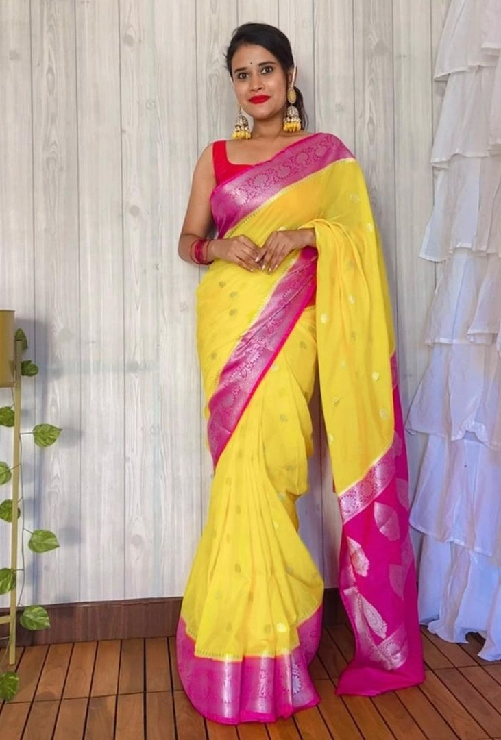 Gold Rani Banarasi Semi Georgette Soft Saree with Contrast Border Silver Zari