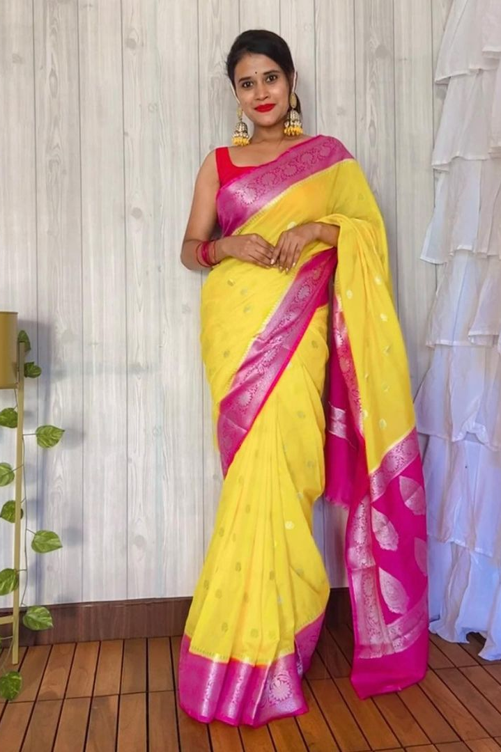 Gold Rani Banarasi Semi Georgette Soft Saree with Contrast Border Silver Zari