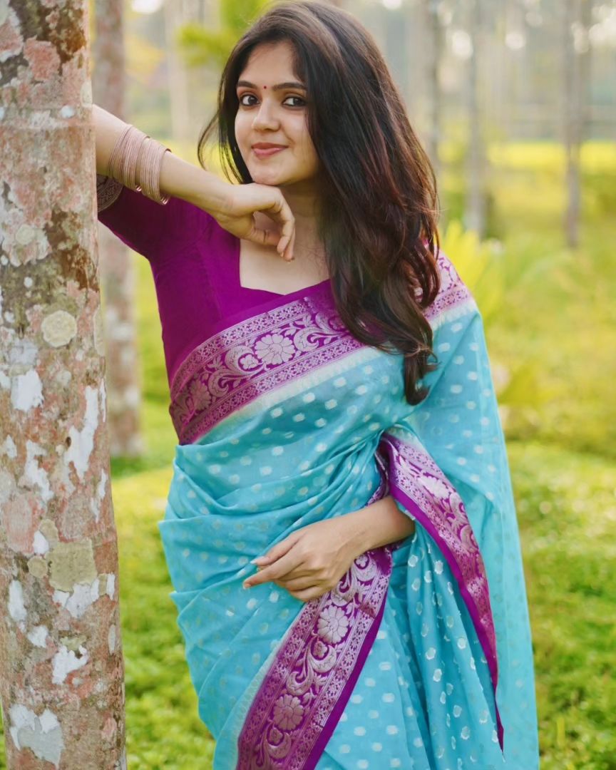 Magenta Blue Banarasi Woven Semi Georgette Soft Saree