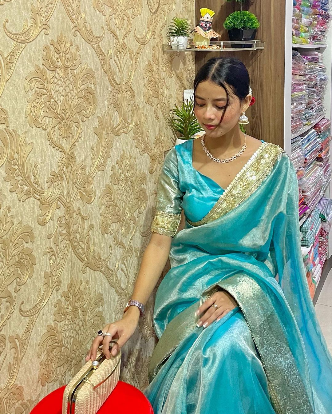 Firozi Blue Designer Tissue Silk Saree with Hand Zardozi Work