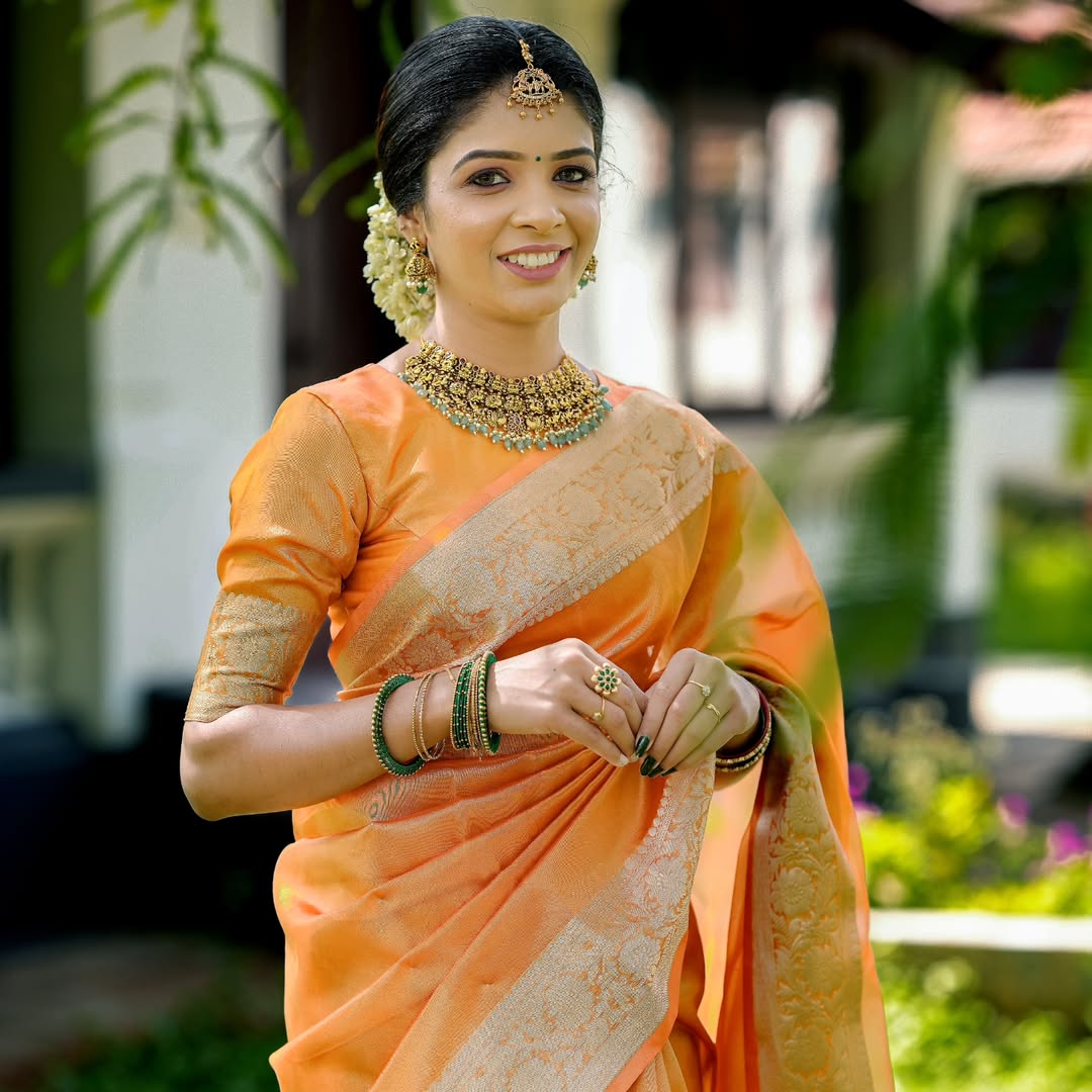 Coral Orange Banarasi Authentic Soft Tissue Silk Saree with Rich Pallu Woven Design