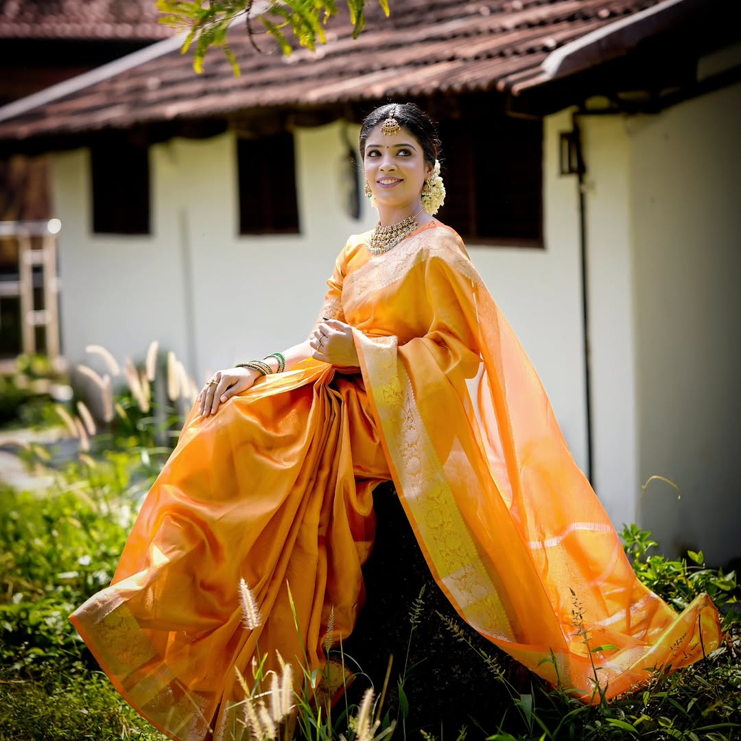 Coral Orange Banarasi Authentic Soft Tissue Silk Saree with Rich Pallu Woven Design