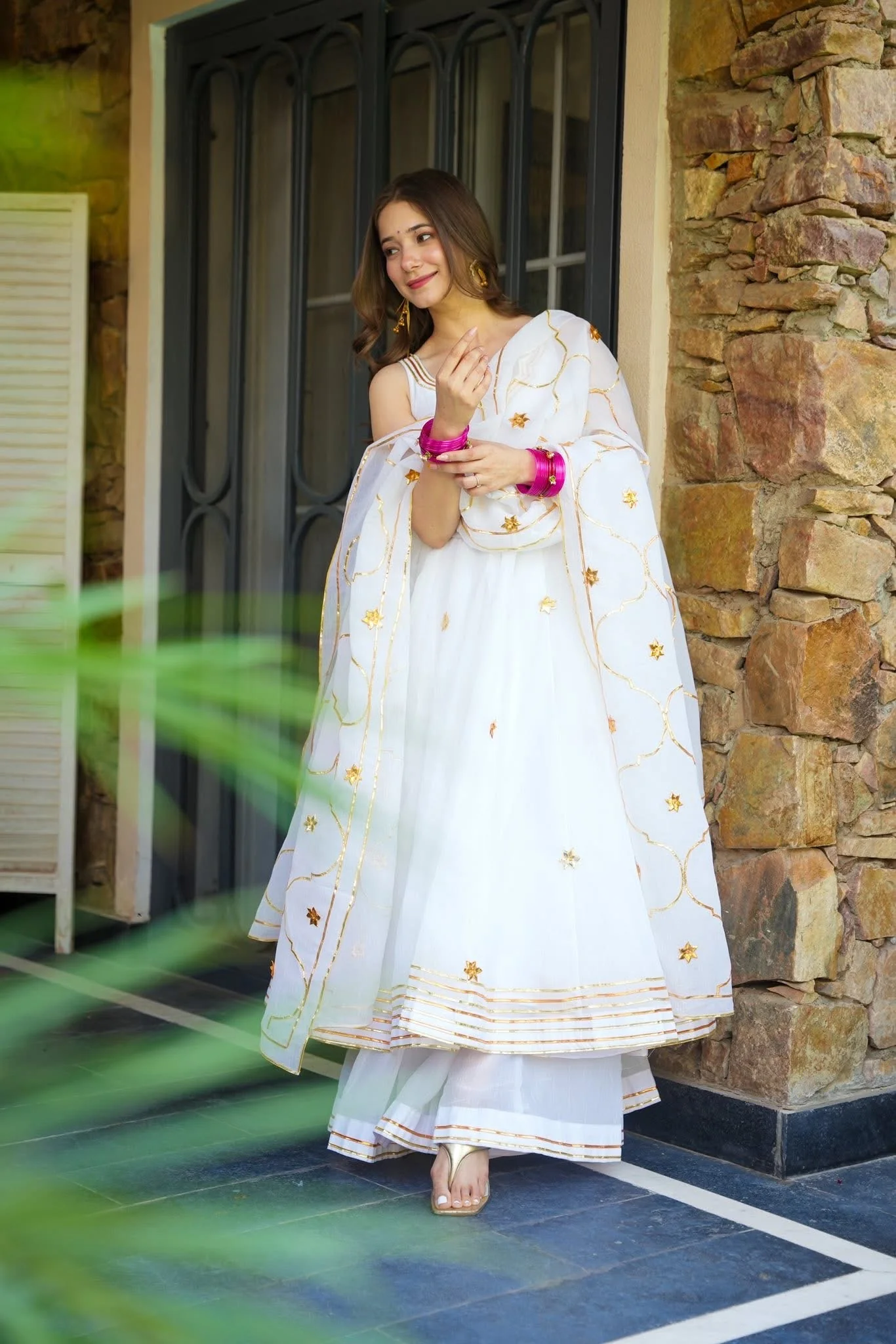 Elegant White Georgette Anarkali Suit with Golden Embroidery & Organza Dupatta