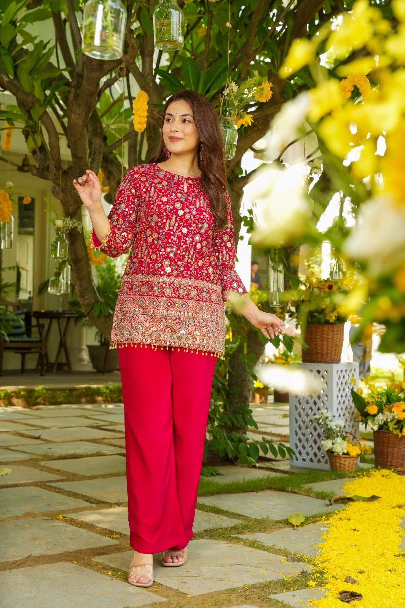 Crimson Red Mirror-Work & Thread-Embroidered Kurta Set
